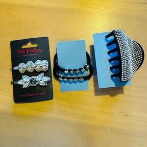 Crystal Hair Clips & Black Rhinestone Claw Clip Set with Elastics